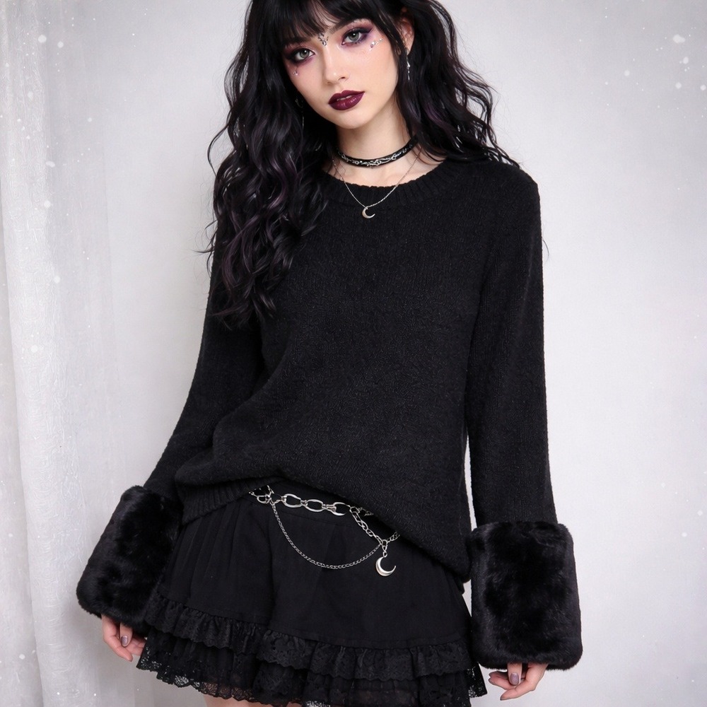 Magaschoni Faux Fur Cuffs‎ Sweater Womens XS Black Knit Ribbed Trim Stretch Soft